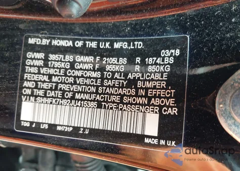 2018 Honda Civic Sport Touring from USA, damaged, VIN SHHFK7H92JU415385